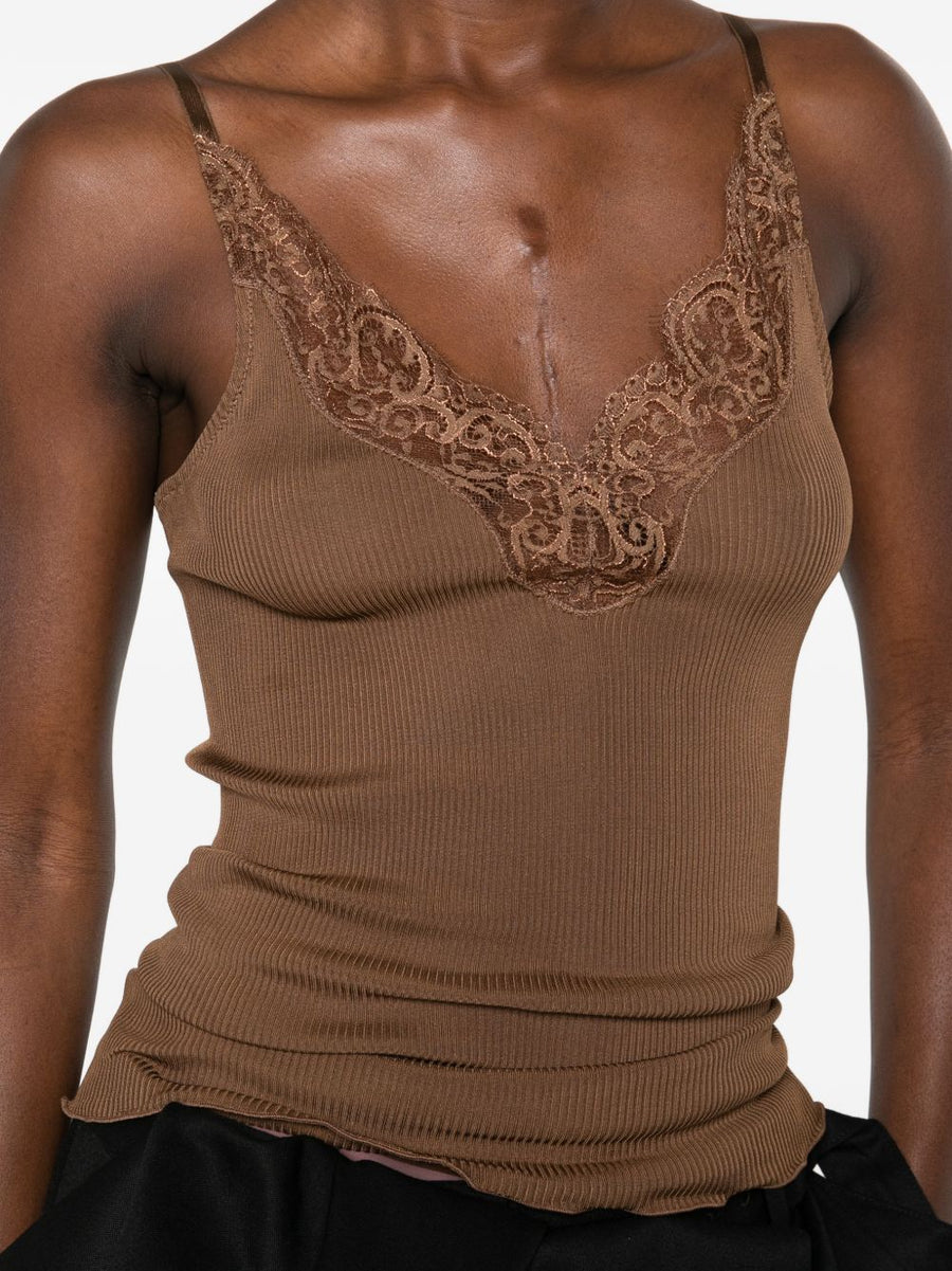 Saint Laurent Silk Top For Women With V-Neck Adjustable Spaghetti Straps Premium Lace Panel