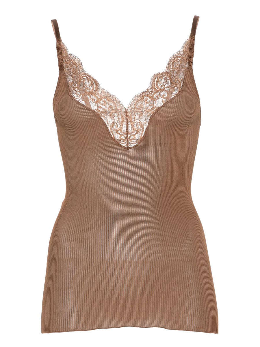 Saint Laurent Silk Top For Women With V-Neck Adjustable Spaghetti Straps Premium Lace Panel