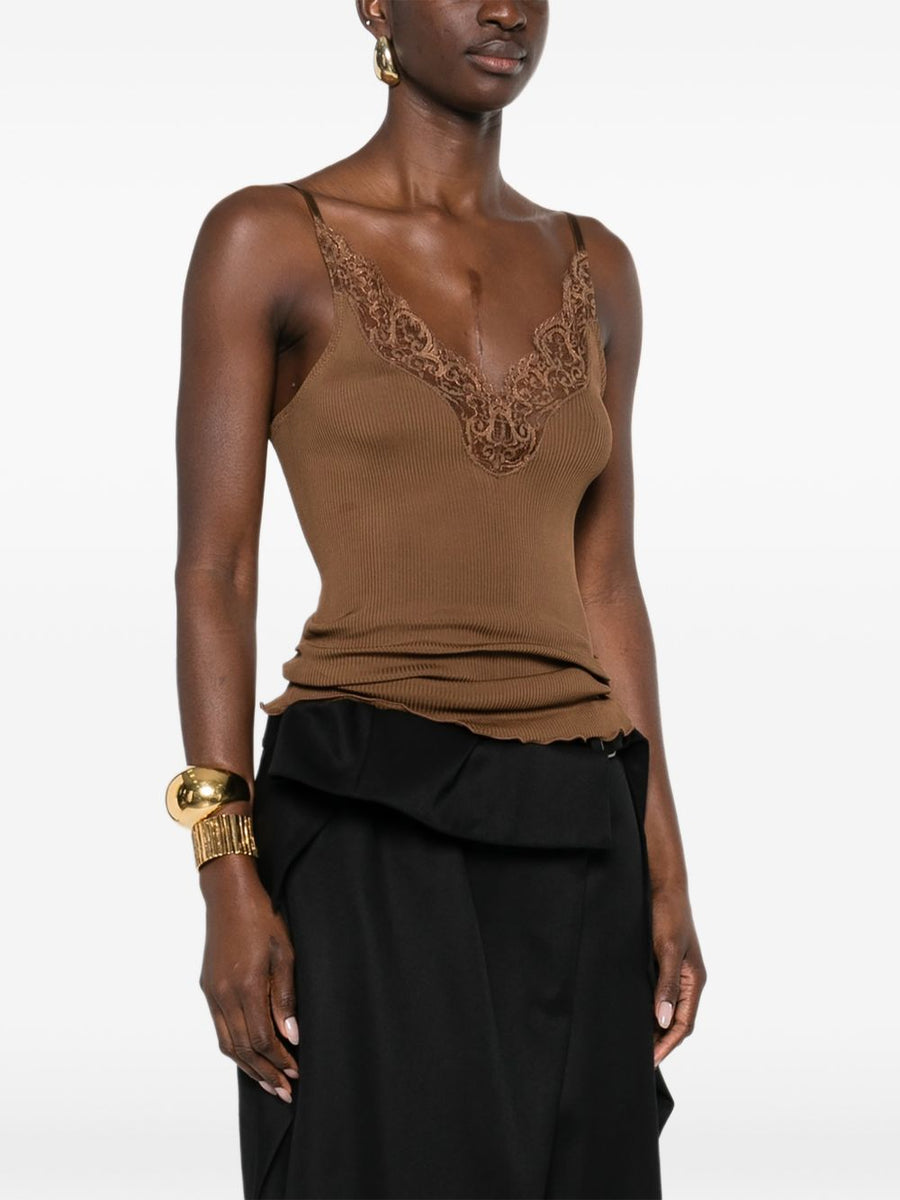 Saint Laurent Silk Top For Women With V-Neck Adjustable Spaghetti Straps Premium Lace Panel