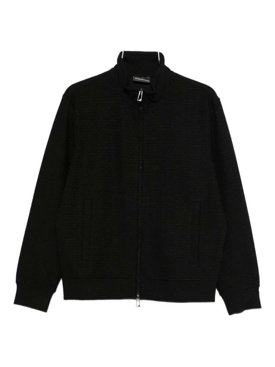 Emporio Armani Black Cotton Blend Zip Sweatshirt for Men With Lux Textured Knit Finish