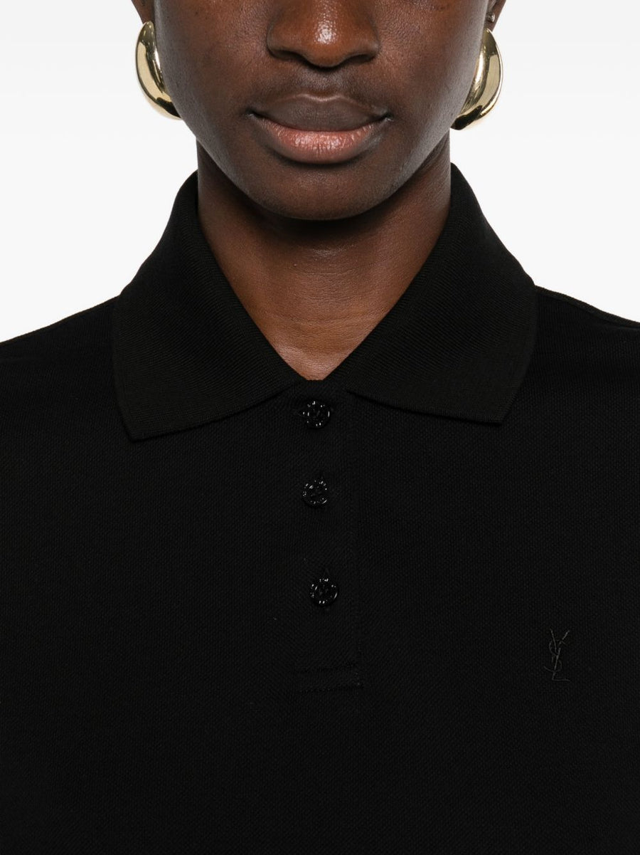 Saint Laurent Black Cotton Polo Dress For Women With Polo Collar And Button Front Logo Detail