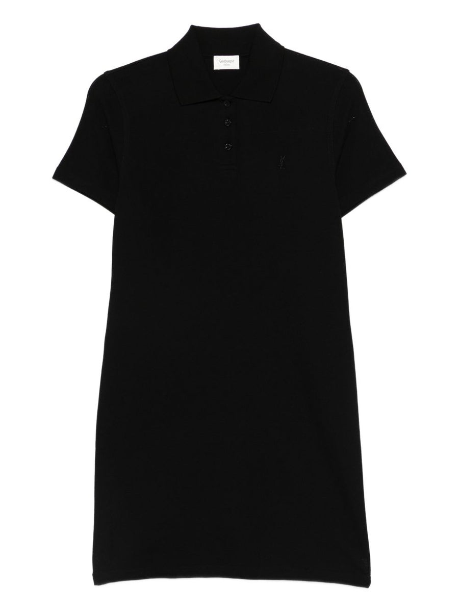 Saint Laurent Black Cotton Polo Dress For Women With Polo Collar And Button Front Logo Detail