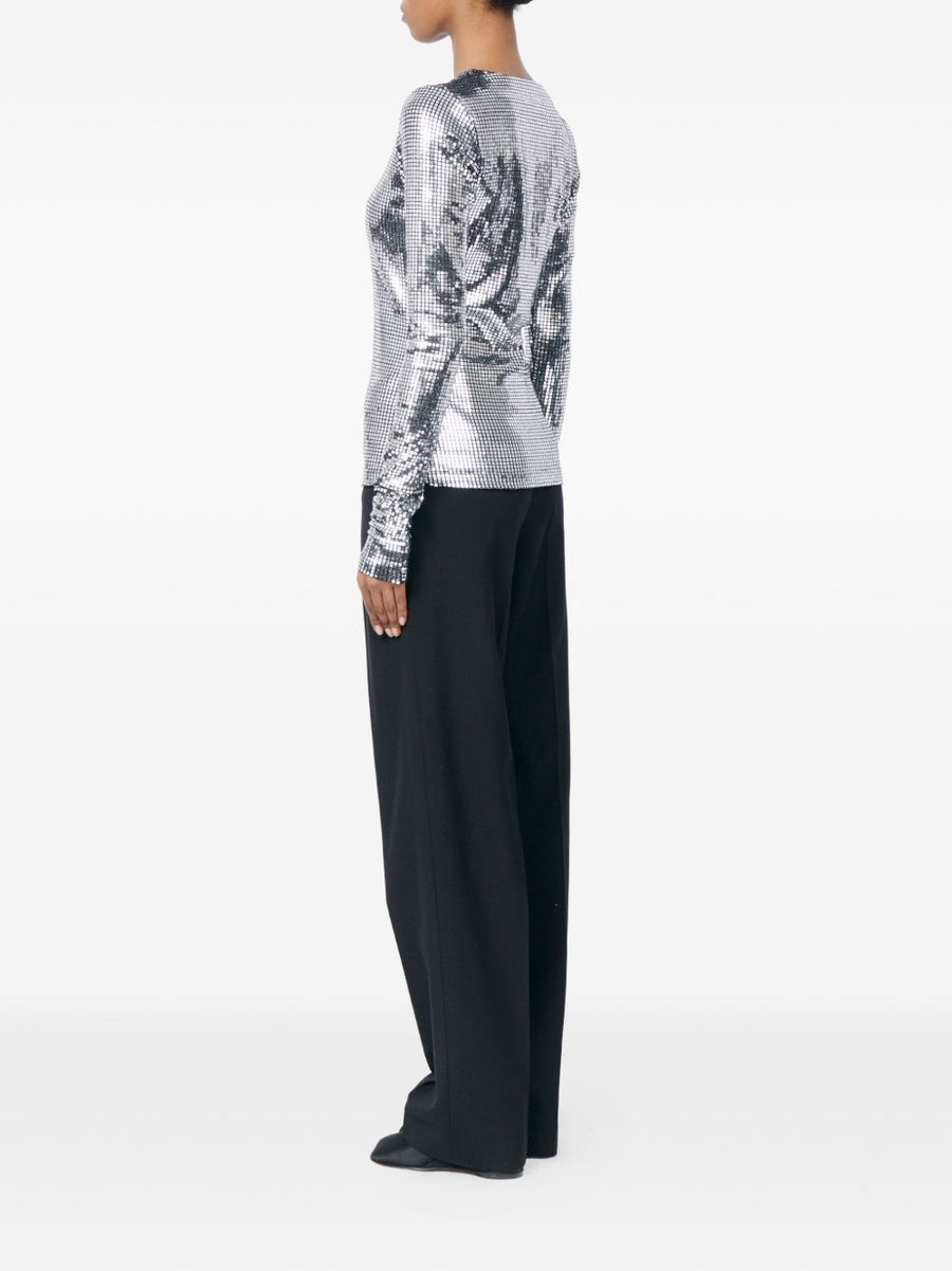MM6 Maison Margiela Metallized Top for Women Silver Grid Long Sleeve Shimmer Finish