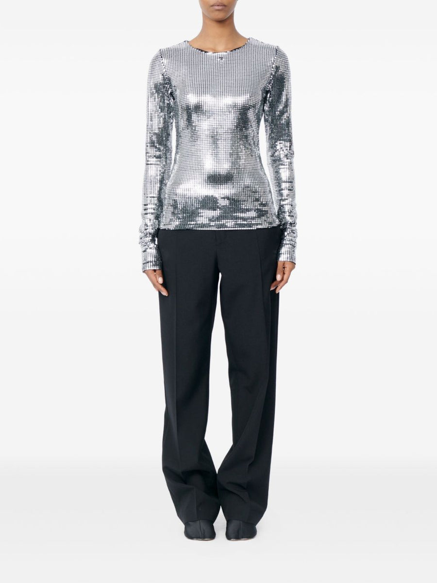 MM6 Maison Margiela Metallized Top for Women Silver Grid Long Sleeve Shimmer Finish