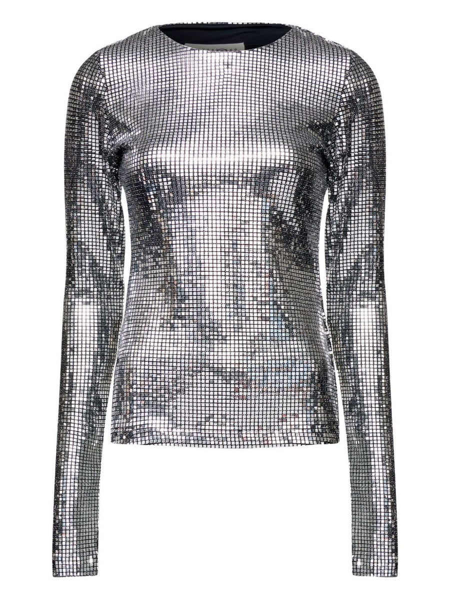 MM6 Maison Margiela Metallized Top for Women Silver Grid Long Sleeve Shimmer Finish