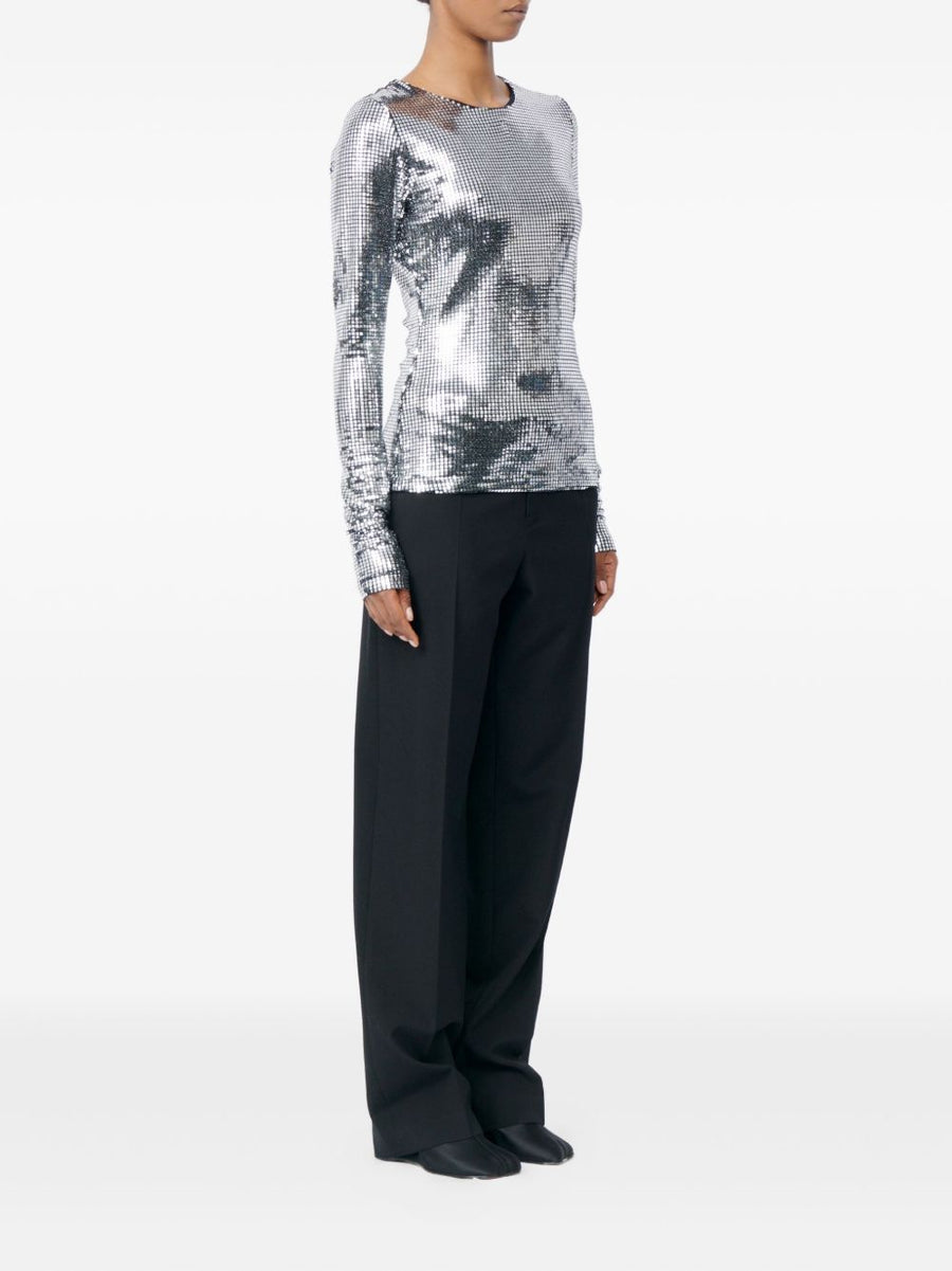 MM6 Maison Margiela Metallized Top for Women Silver Grid Long Sleeve Shimmer Finish