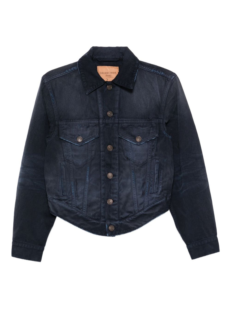 Balenciaga Curved Waistband Jacket For Women Navy Denim Cotton Citywear Polished Everyday Style