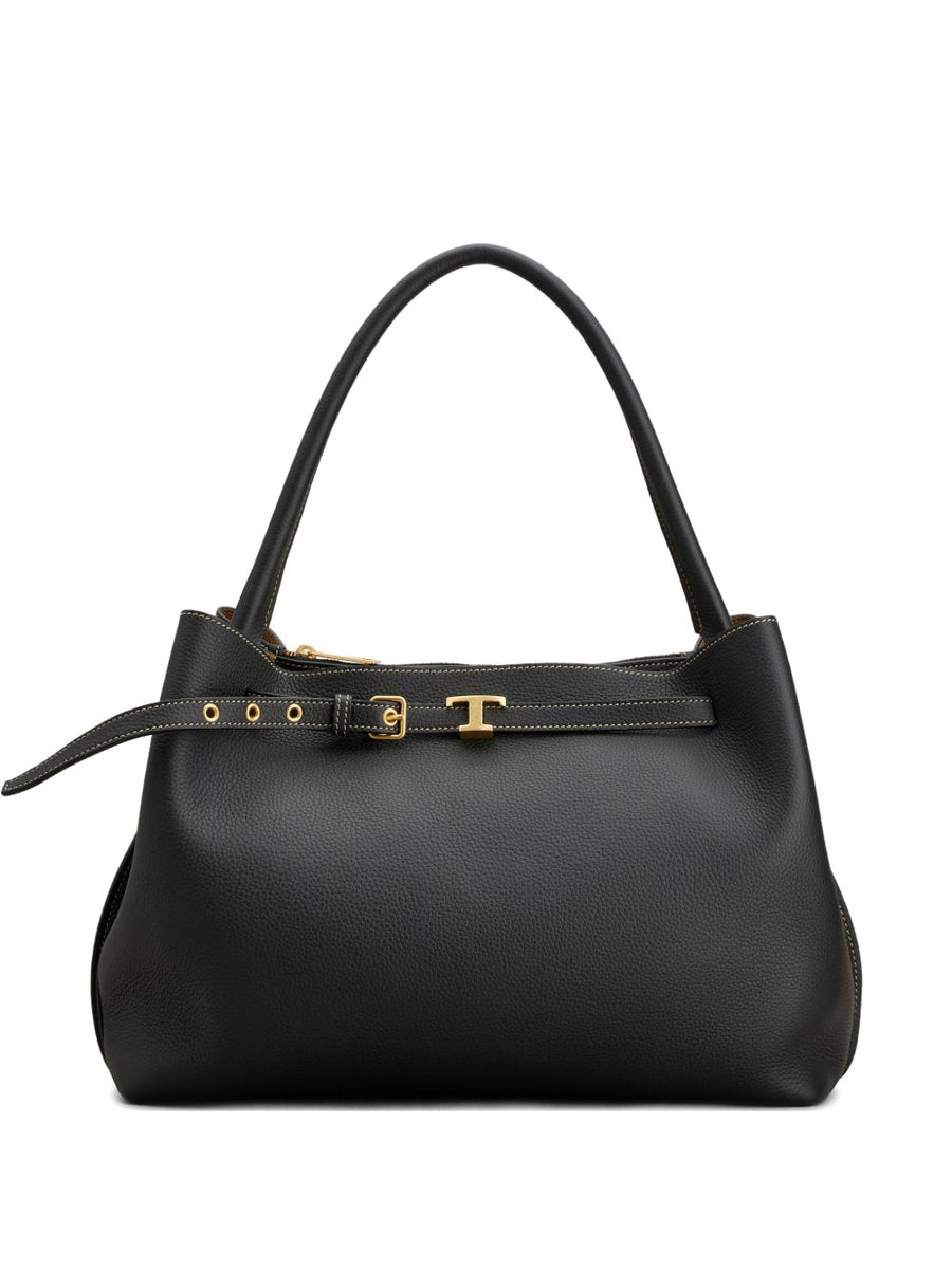 Tod's Calf Leather Top Handle Handbag For Women Small Black With Zip Closure And Gold Hardware