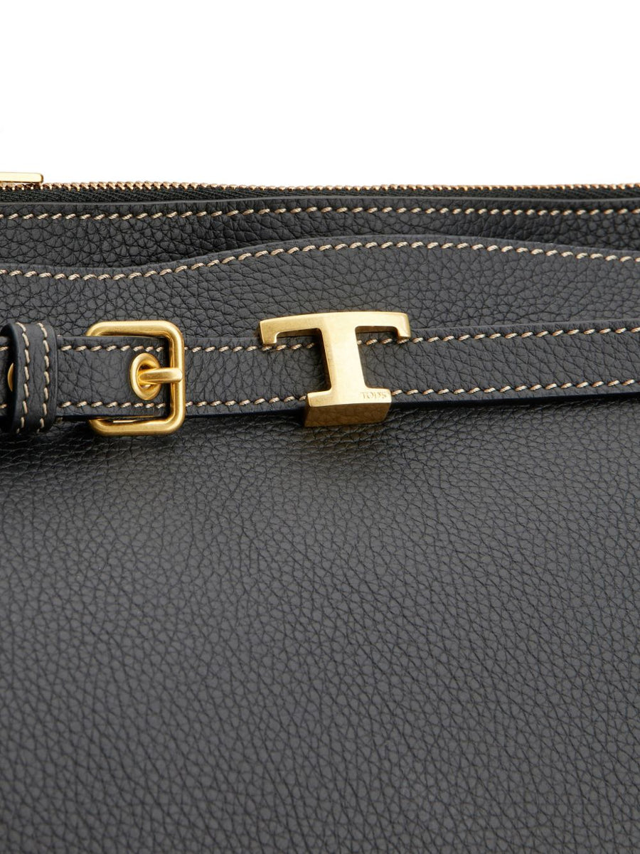 Tod's Calf Leather Top Handle Handbag For Women Small Black With Zip Closure And Gold Hardware