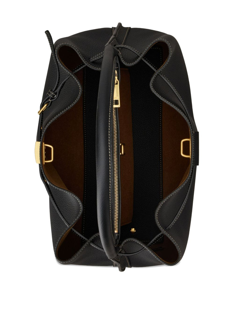 Tod's Calf Leather Top Handle Handbag For Women Small Black With Zip Closure And Gold Hardware