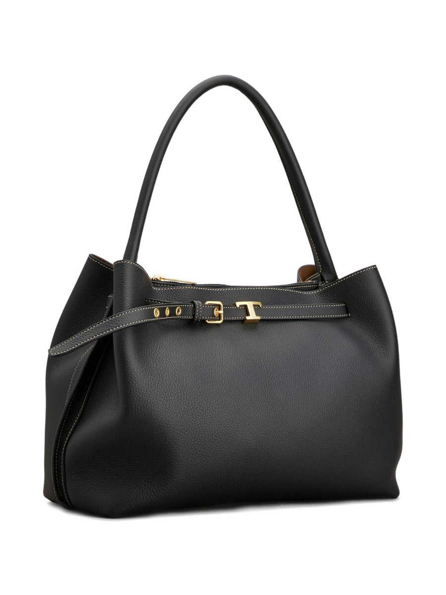 Tod's Calf Leather Top Handle Handbag For Women Small Black With Zip Closure And Gold Hardware