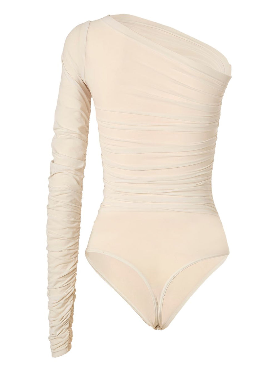 Wolford Luxurious One-Shoulder Bodysuit White With Sheer Draped Detail Long Sleeve Thong Cut For Women