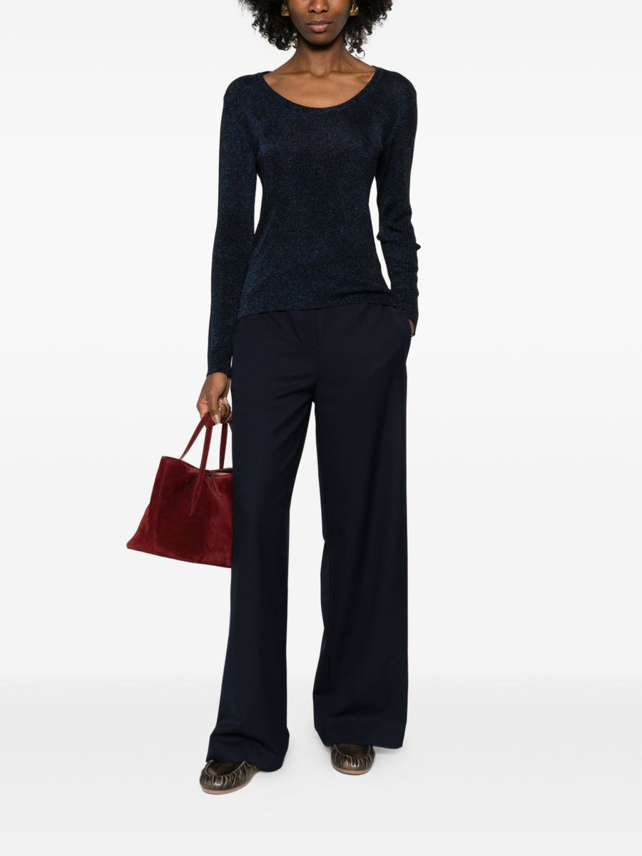 Fabiana Filippi Navy Crewneck Sweater For Women With Metallic Sheen Luxurious Draping Topwear