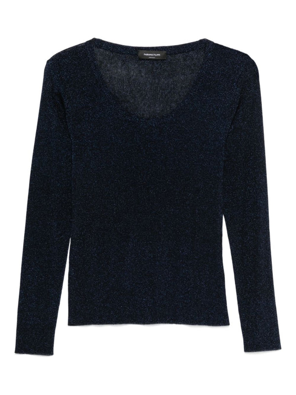 Fabiana Filippi Navy Crewneck Sweater For Women With Metallic Sheen Luxurious Draping Topwear