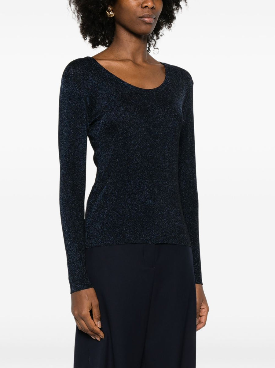 Fabiana Filippi Navy Crewneck Sweater For Women With Metallic Sheen Luxurious Draping Topwear