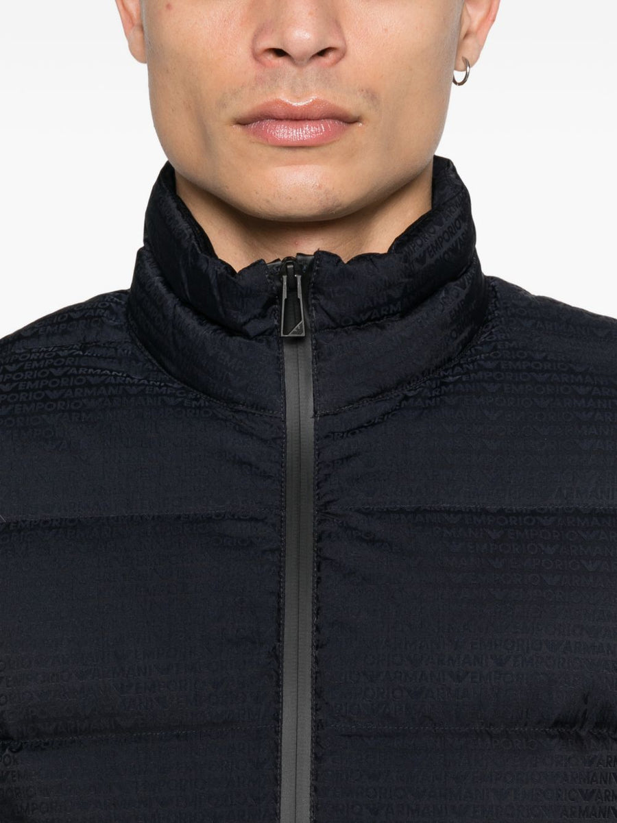 Emporio Armani Nylon Down Jacket For Men Premium Warmth With Allover Navy Pattern