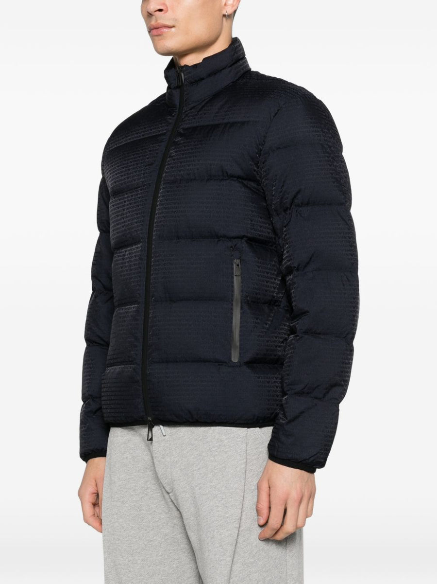 Emporio Armani Nylon Down Jacket For Men Premium Warmth With Allover Navy Pattern