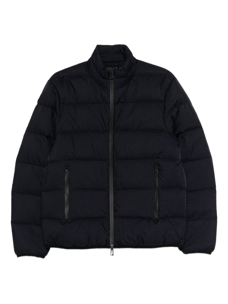 Emporio Armani Nylon Down Jacket For Men Premium Warmth With Allover Navy Pattern