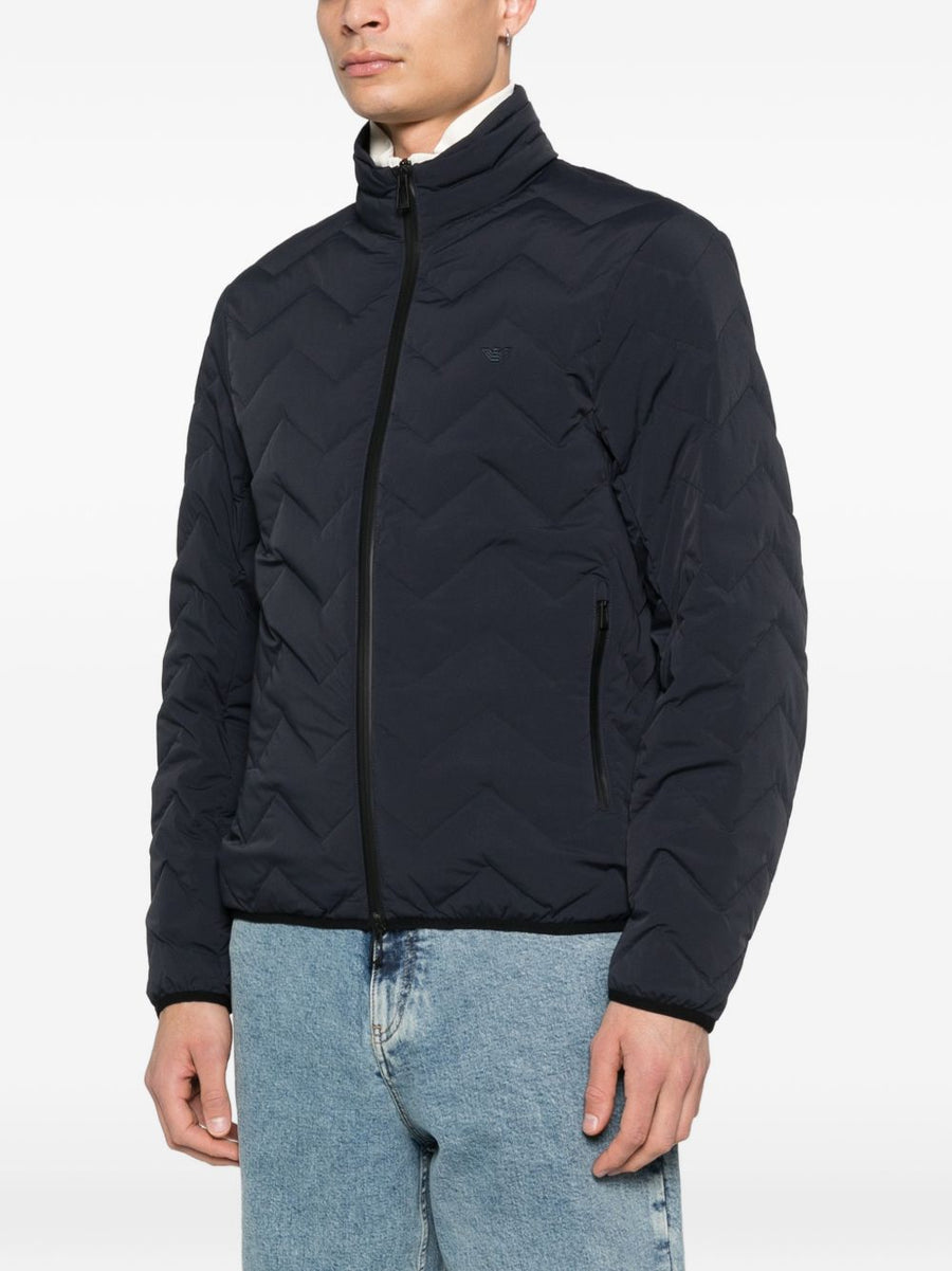 Emporio Armani Nylon Down Jacket For Men Navy Blue Chevron Pattern High Neck Warmth