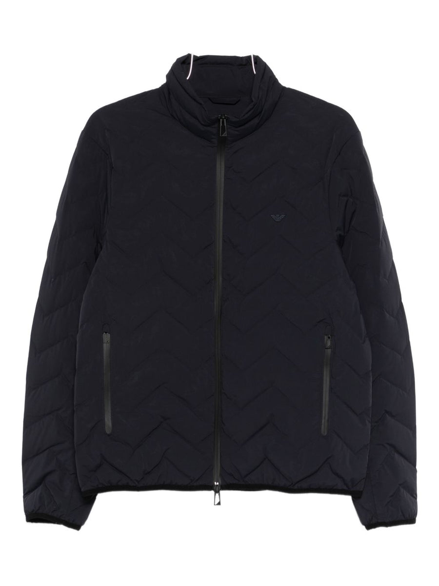 Emporio Armani Nylon Down Jacket For Men Navy Blue Chevron Pattern High Neck Warmth