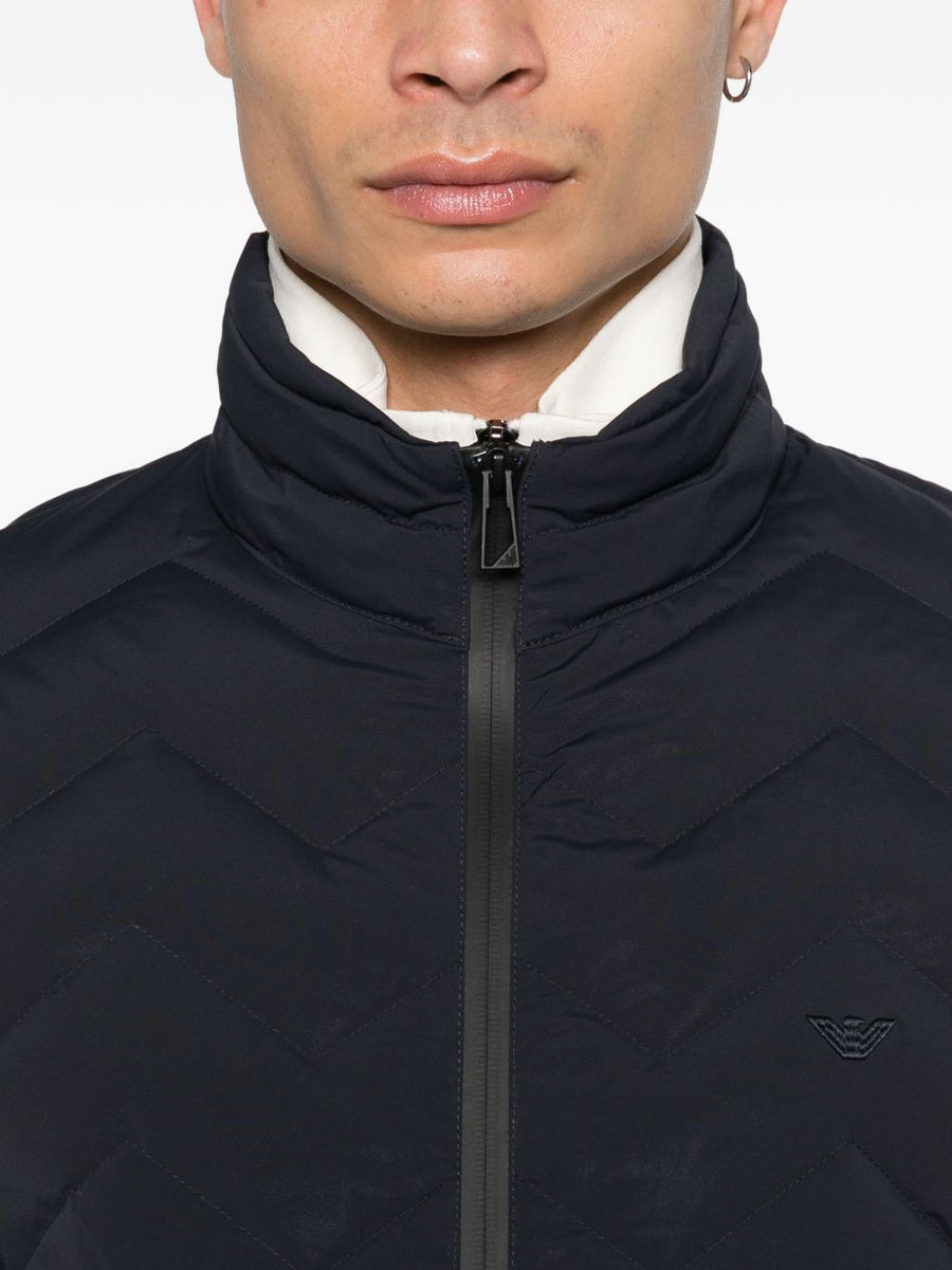 Emporio Armani Nylon Down Jacket For Men Navy Blue Chevron Pattern High Neck Warmth