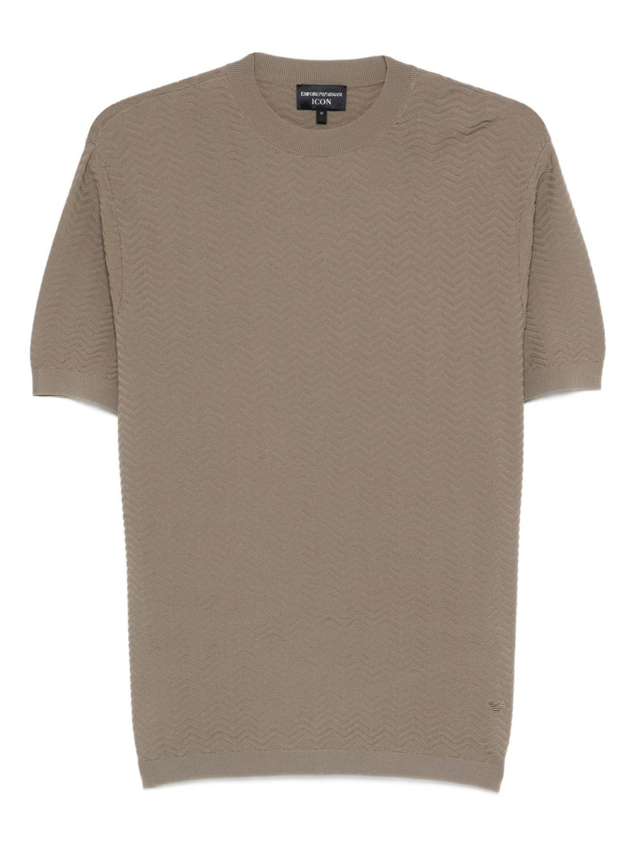 Emporio Armani Knitted T Shirt for Men Premium Textured Grey Knit Crew Neck with Ribbed Trim