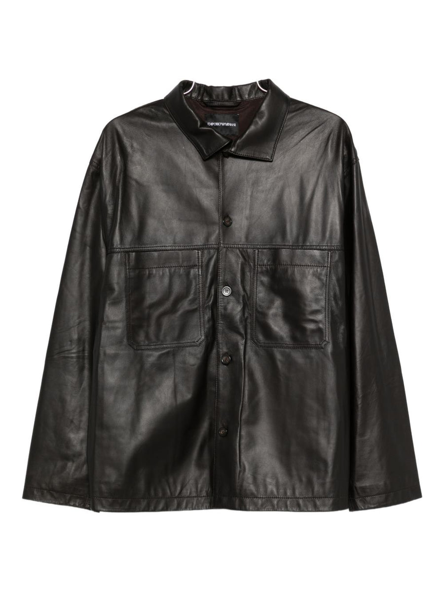 Emporio Armani Leather Jacket For Men Premium Brown Lambskin With Classic Silhouette And Chest Pockets