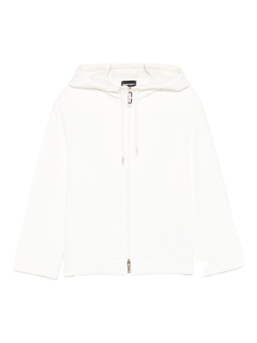 Emporio Armani Cotton Blouson Jacket for Women White Premium Cotton Blend Elastane Comfort Drawstring Hood Zip