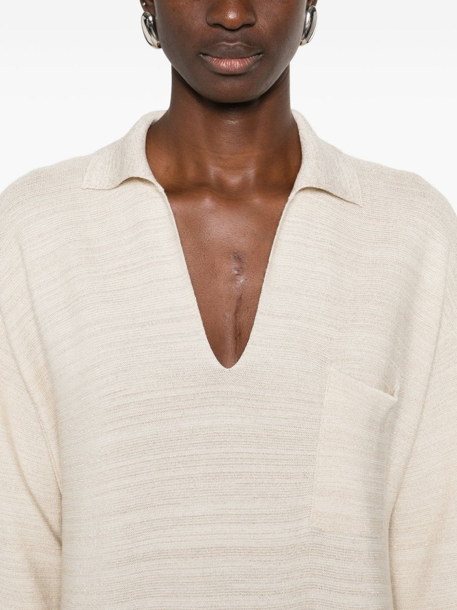 Fabiana Filippi V Neck Wool Cotton Shirtdress With Tonal Striped Collar For Women Tailored Office Ready Ivory