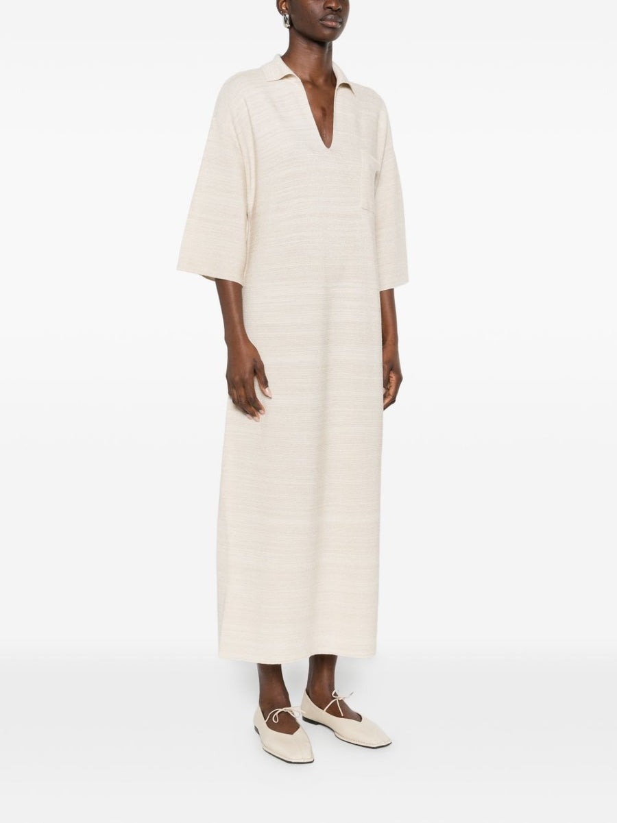 Fabiana Filippi V Neck Wool Cotton Shirtdress With Tonal Striped Collar For Women Tailored Office Ready Ivory
