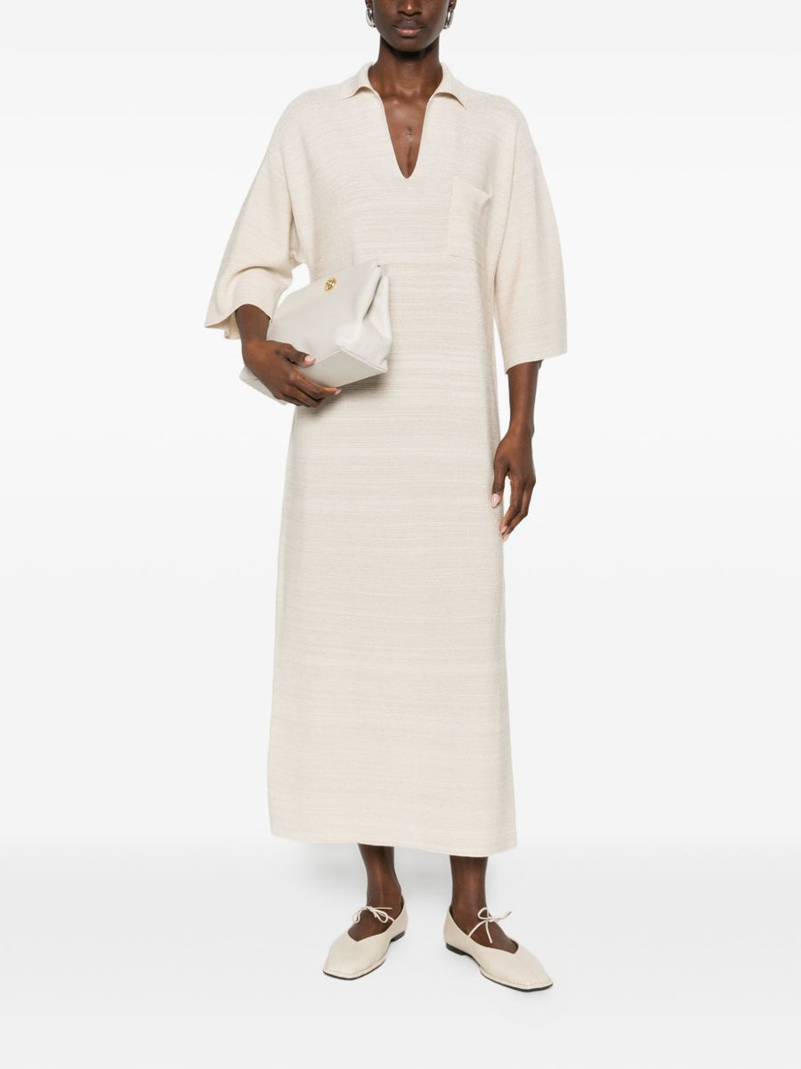 Fabiana Filippi V Neck Wool Cotton Shirtdress With Tonal Striped Collar For Women Tailored Office Ready Ivory