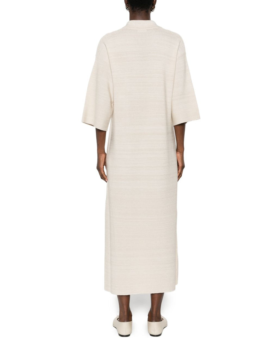 Fabiana Filippi V Neck Wool Cotton Shirtdress With Tonal Striped Collar For Women Tailored Office Ready Ivory