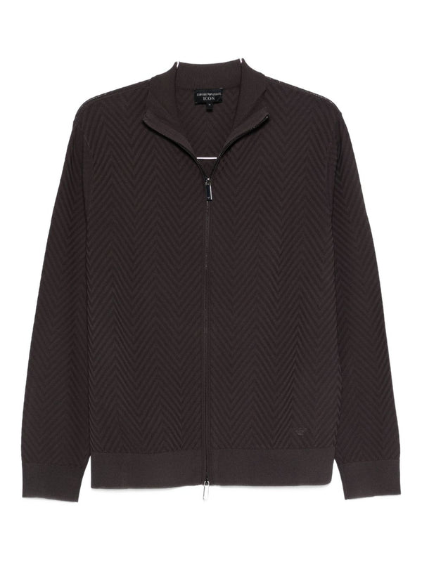 Emporio Armani Chevron Cardigan For Men Luxury Knit With Stand Collar Premium Black Layering Piece