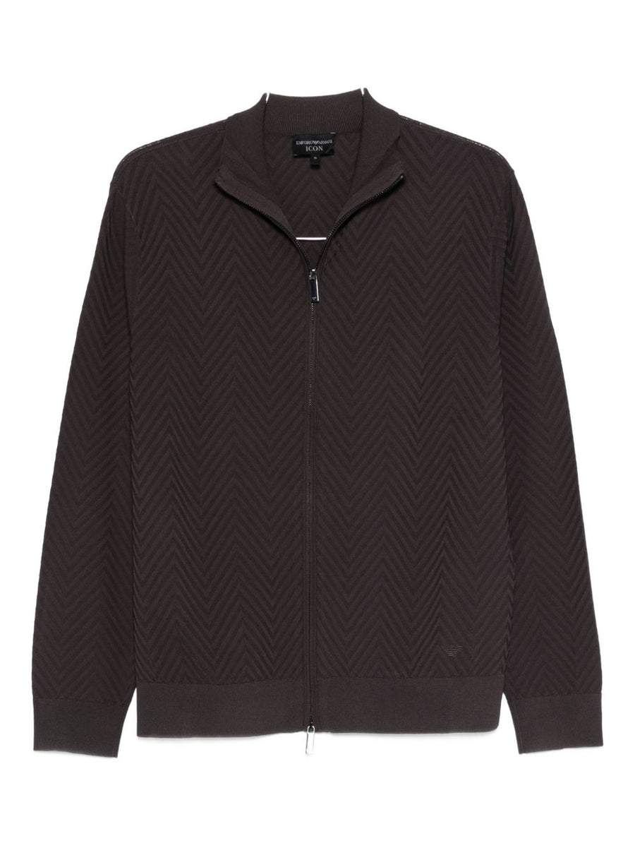 Emporio Armani Chevron Cardigan For Men Luxury Knit With Stand Collar Premium Black Layering Piece
