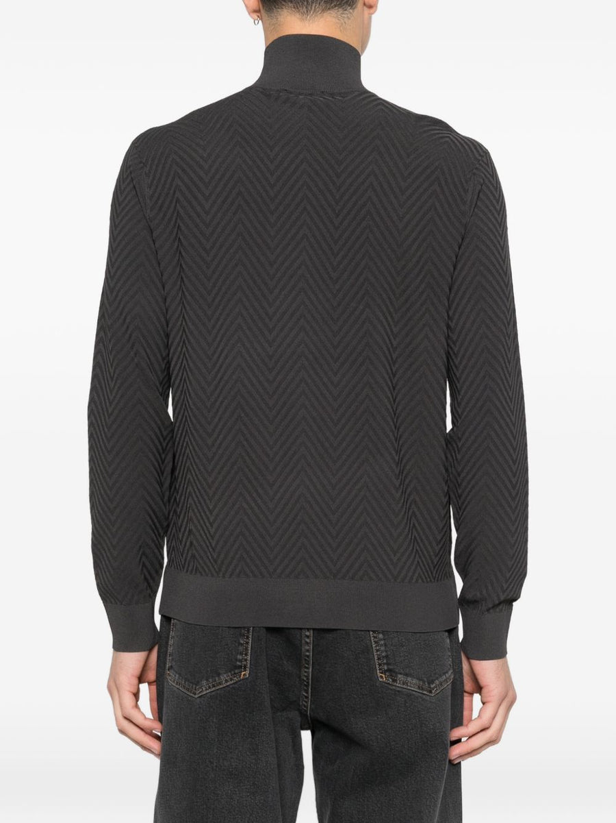 Emporio Armani Chevron Cardigan For Men Luxury Knit With Stand Collar Premium Black Layering Piece