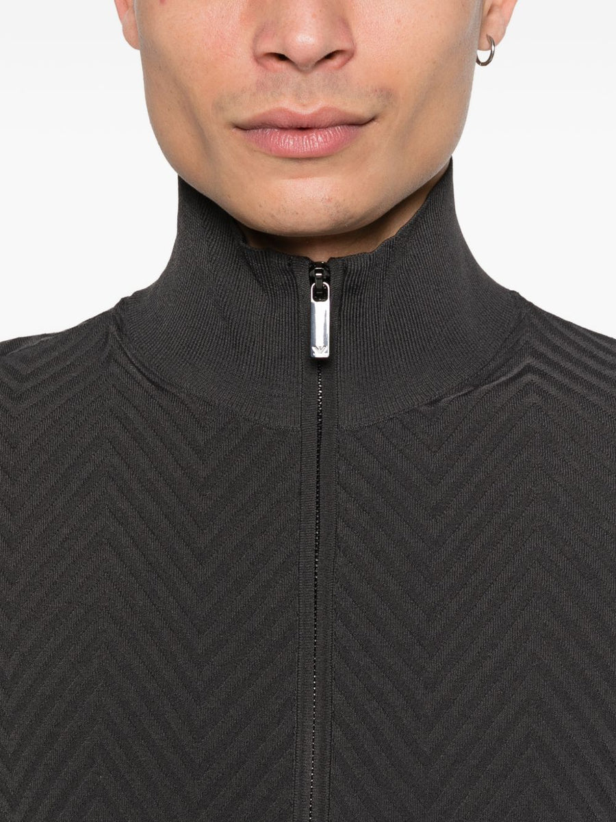 Emporio Armani Chevron Cardigan For Men Luxury Knit With Stand Collar Premium Black Layering Piece