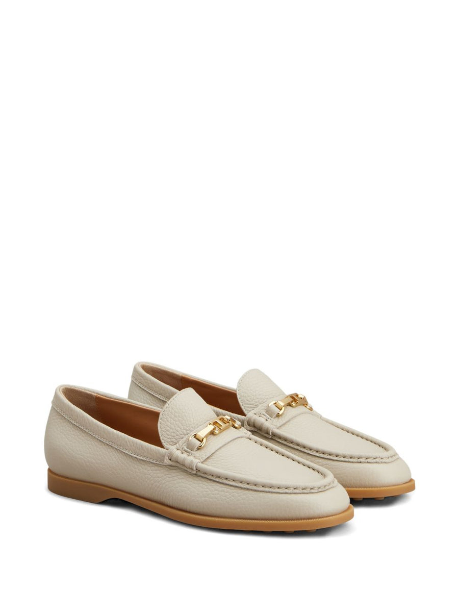 Tod's Leather Loafers For Women Beige Calf Leather Slip On With Gold Tone Hardware Timeless Topstitching