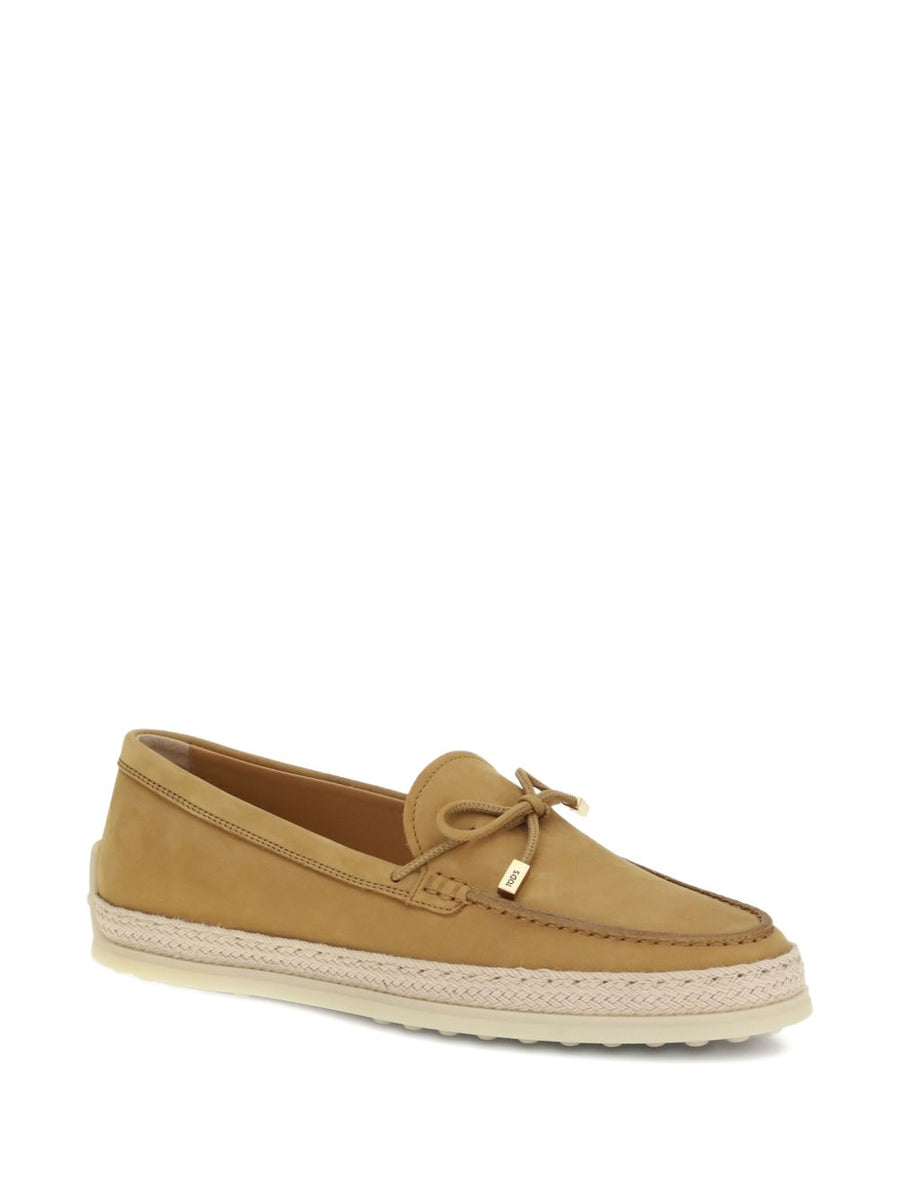 Tod's Nubuck Moccasin Loafers For Women With Raffia Trim And Bow Detail Camel Suede