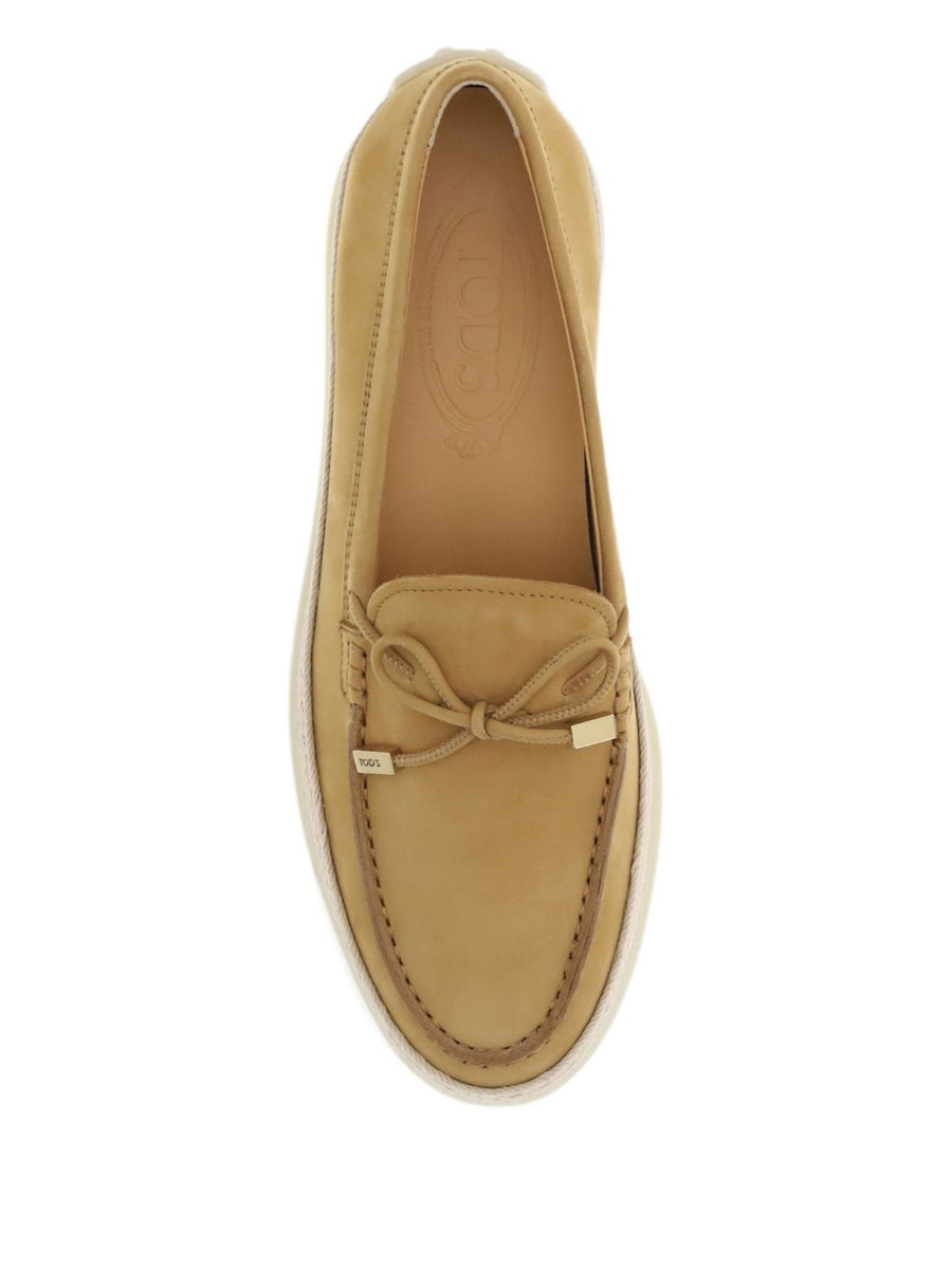 Tod's Nubuck Moccasin Loafers For Women With Raffia Trim And Bow Detail Camel Suede