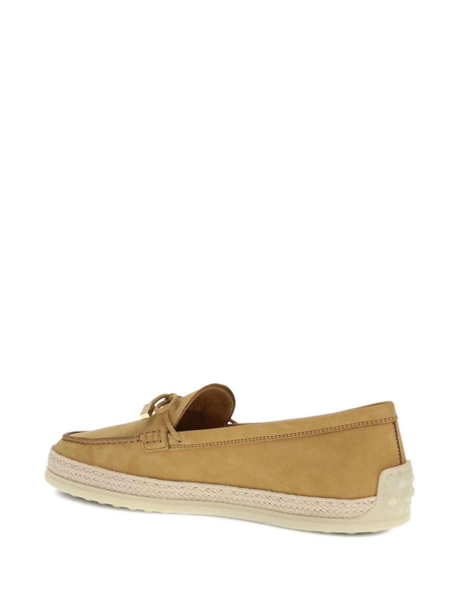 Tod's Nubuck Moccasin Loafers For Women With Raffia Trim And Bow Detail Camel Suede