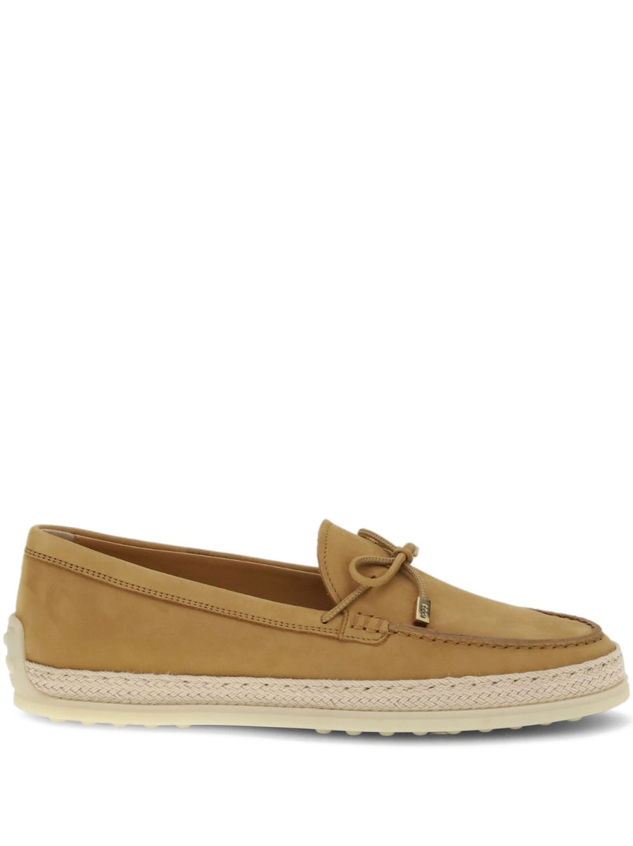 Tod's Nubuck Moccasin Loafers For Women With Raffia Trim And Bow Detail Camel Suede
