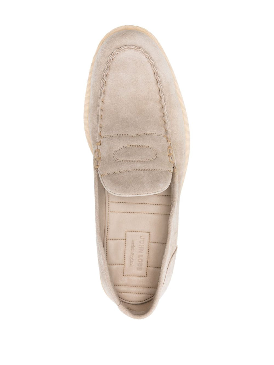 John Lobb Pace Loafers For Men Luxury Beige Calf Suede Slip On Moccasins With Penny Slot