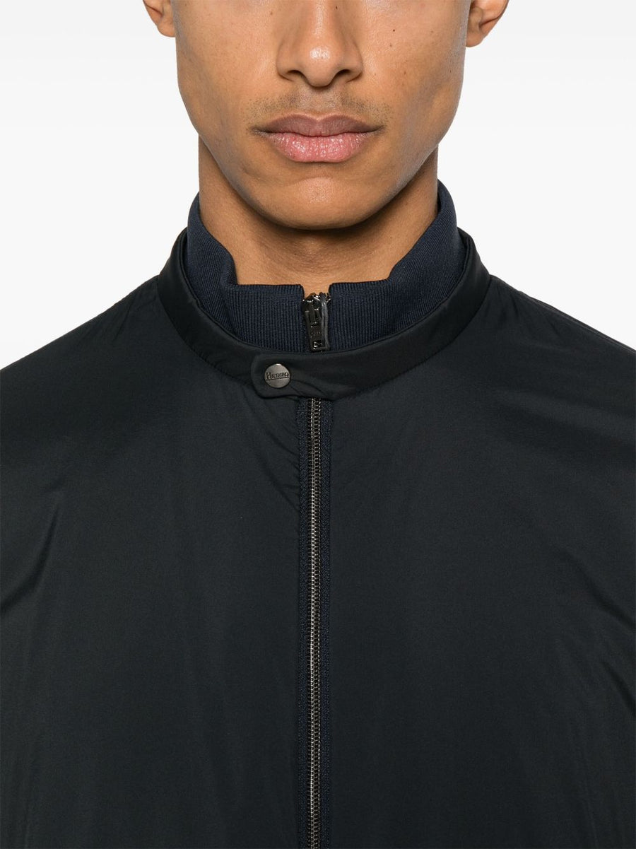 Herno Zipped Blouson Jacket Navy For Men Two Way Front Zip Pockets Polished Luxury Outerwear