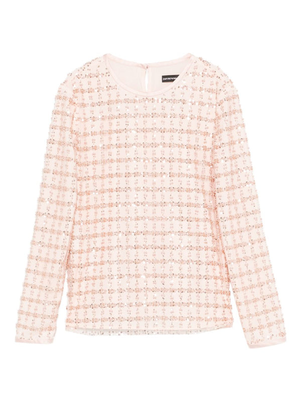 Emporio Armani Embroidered Top for Women Pink Sequin Grid Embroidery Long Sleeves Round Neck