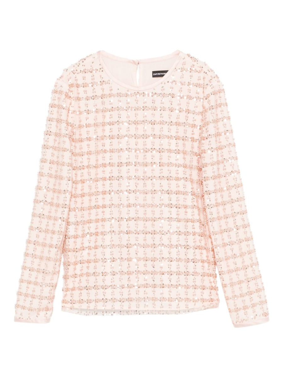 Emporio Armani Embroidered Top for Women Pink Sequin Grid Embroidery Long Sleeves Round Neck