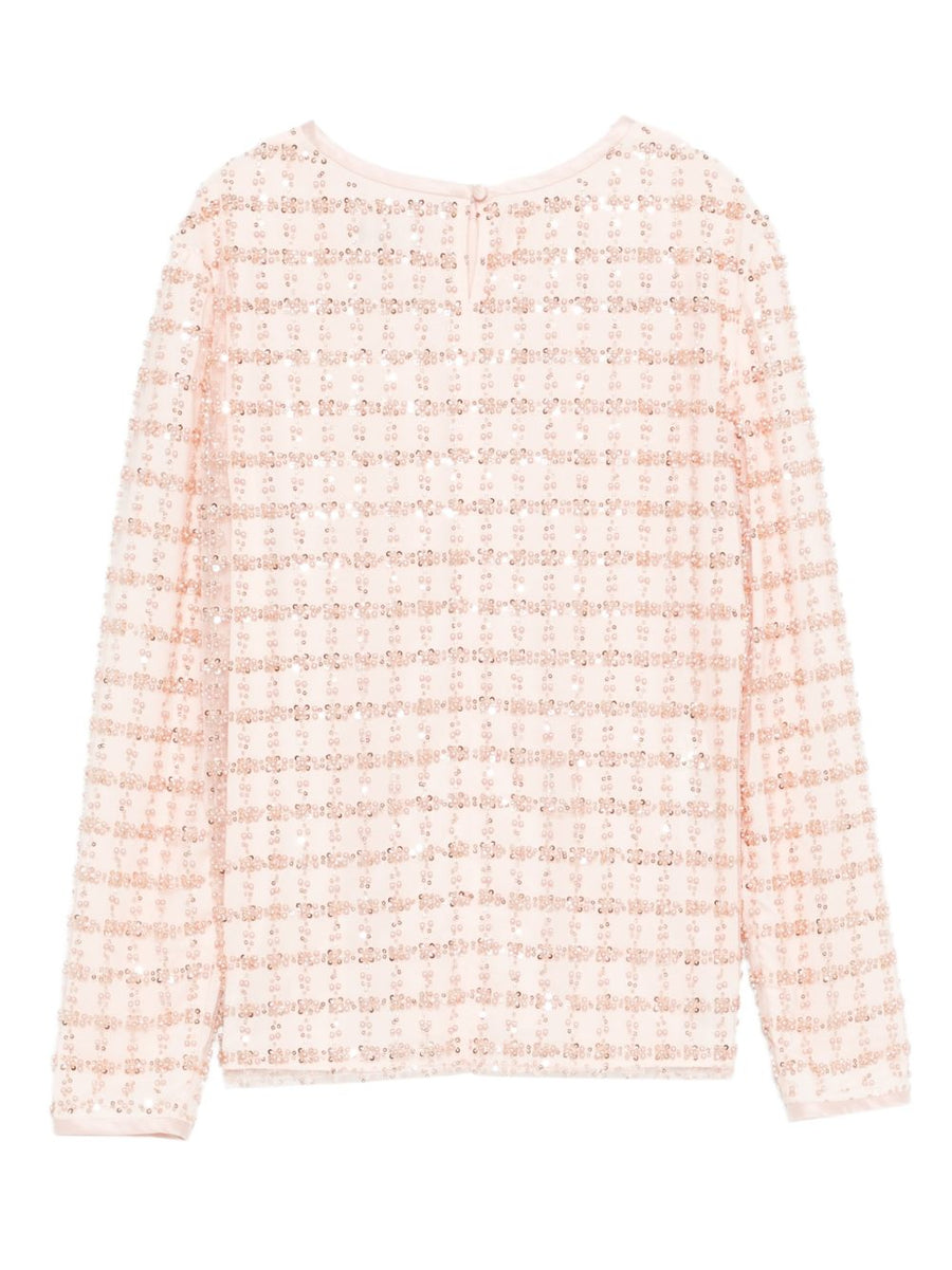 Emporio Armani Embroidered Top for Women Pink Sequin Grid Embroidery Long Sleeves Round Neck