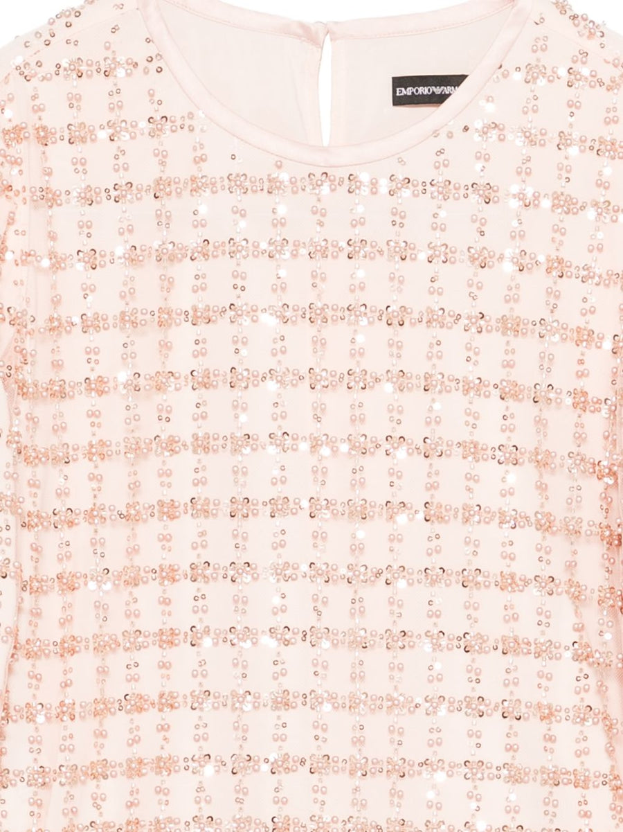 Emporio Armani Embroidered Top for Women Pink Sequin Grid Embroidery Long Sleeves Round Neck