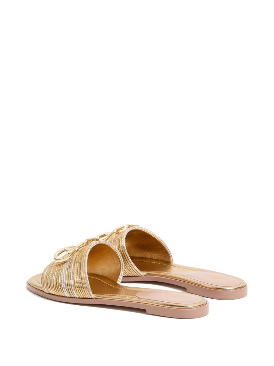 Valentino Garavani VLogo Signature Gold Metallic Slides For Women Elegant Open Toe Luxury Sandals