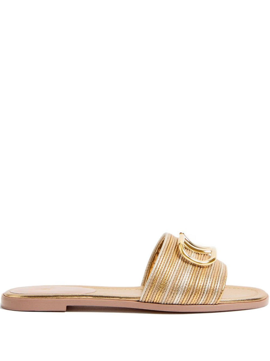 Valentino Garavani VLogo Signature Gold Metallic Slides For Women Elegant Open Toe Luxury Sandals