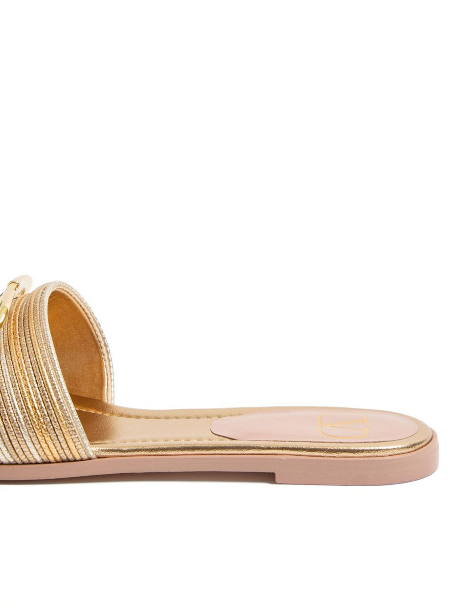 Valentino Garavani VLogo Signature Gold Metallic Slides For Women Elegant Open Toe Luxury Sandals